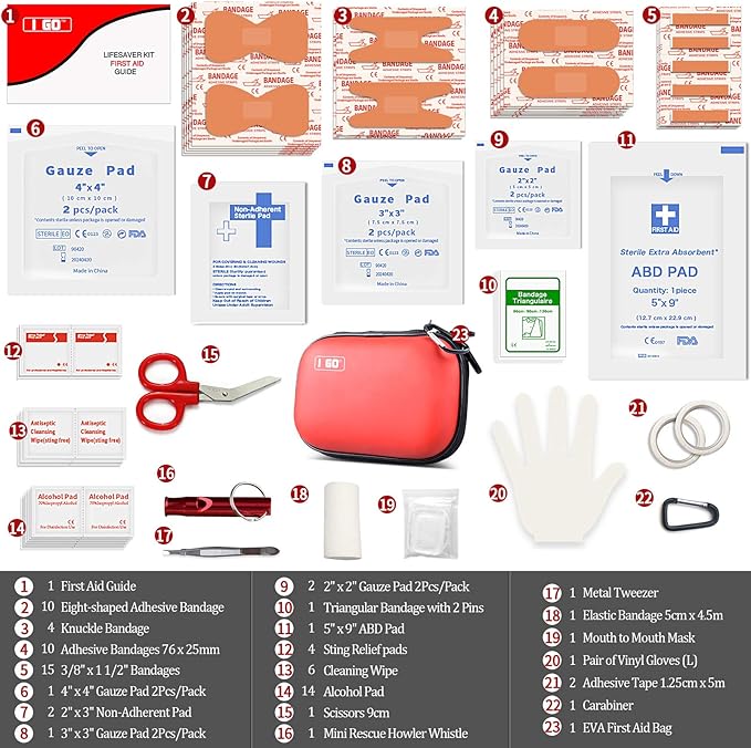 I GO 85 Pieces Hard Shell Mini Compact First Aid Kit, Small Personal Emergency Survival Kit for Travel Hiking Camping Backpacking Hunting Marine Car-StrideForce Fitness