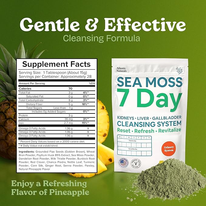 Atlantic Naturals Sea Moss 7 Day Detox Liver, Gallbladder & Kidney Cleanse - Support with Dandelion Root, Milk Thistle, Burdock Root, Red Clover, Chanca Piedra - Pineapple Flavor Drink Mix (14 oz)-StrideForce Fitness
