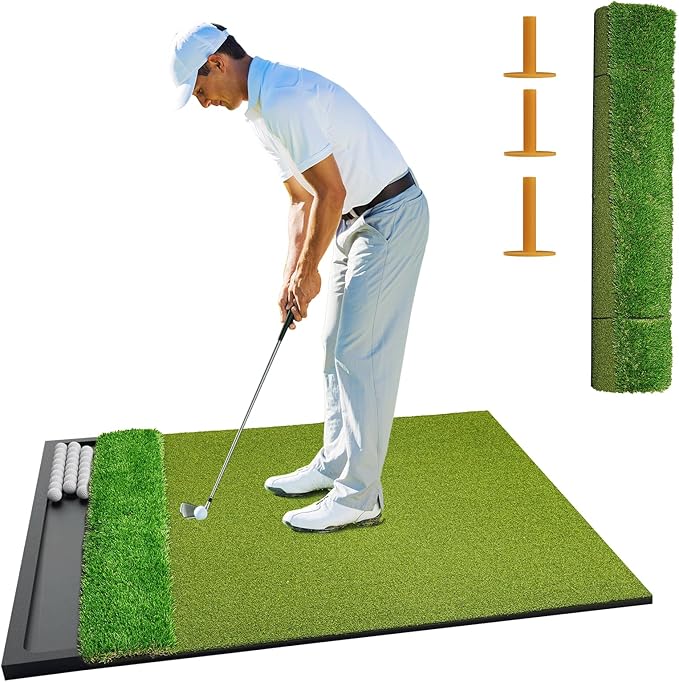 Golf Hitting Mat with Ball Tray 5x4ft - 6x4ft Dual-Turf Practice Mat for Indoor & Outdoor Use Golf Training Mat with Rubber Tee Holes, Suitable for Swing Driving & Chipping-StrideForce Fitness