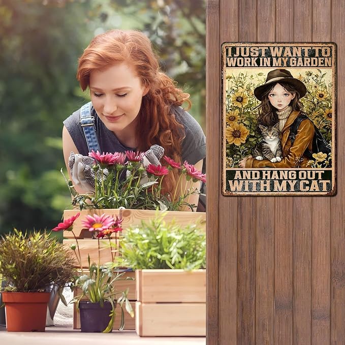 Cat Garden Vintage Tin Sign I Just Want To Work In My Garden and Hang Out With My Cat Retro Metal Tin Sign Sunflower Decor for Home Fence Porch Room Wall Decor Poster 12 * 16inch-StrideForce Fitness