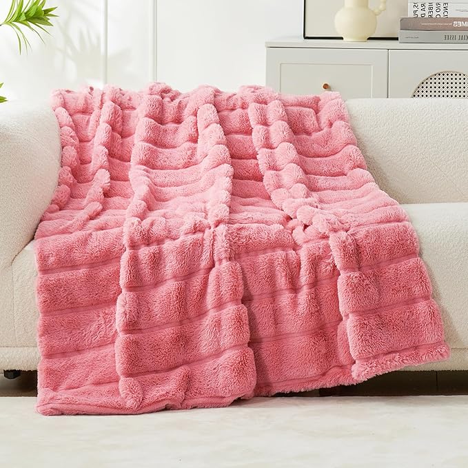 Cozy Bliss Faux Fur Throw Blanket for Couch, Cozy Warm Plush Striped Blanket for Sofa Bedroom Living Room, Pink-StrideForce Fitness