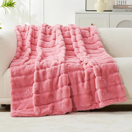 Cozy Bliss Faux Fur Throw Blanket for Couch, Cozy Warm Plush Striped Blanket for Sofa Bedroom Living Room, Pink-StrideForce Fitness