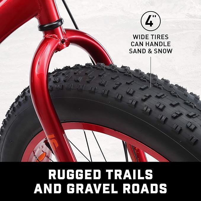 Mongoose Aztec Mens and Womens Fat Tire Bike, 18-Inch Steel Frame, 26-Inch Wheels, 4-Inch knobby tires, Red-StrideForce Fitness