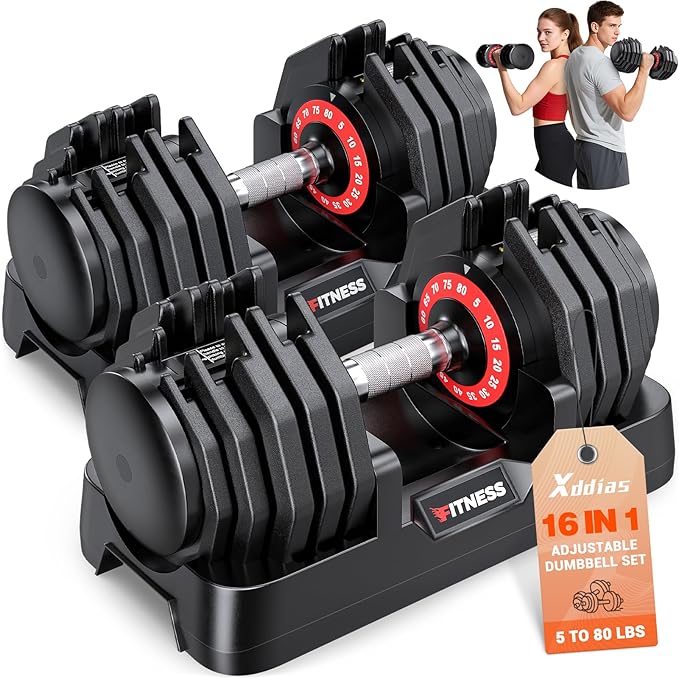XDDIAS Adjustable Dumbbell Set of 2, 25/55/80LB Dumbbell Set-1Sec Adjustable Weights-5/10 in 1 Free Weights Dumbbells Set with Effortless Tray/No-Slip Handle-Compact Size for Women/Men at Home Gym-StrideForce Fitness