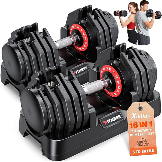 XDDIAS Adjustable Dumbbell Set of 2, 25/55/80LB Dumbbell Set-1Sec Adjustable Weights-5/10 in 1 Free Weights Dumbbells Set with Effortless Tray/No-Slip Handle-Compact Size for Women/Men at Home Gym-StrideForce Fitness