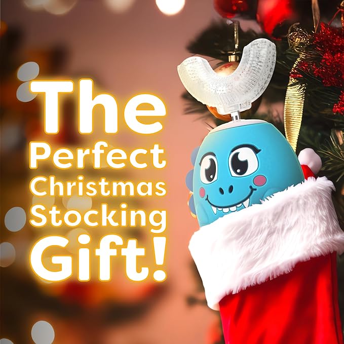 Trueocity Kids U Shape Toothbrush Auto Electric Toddler Rechargeable Kids Automatic Toothbrush | 360° U-Shaped Silicone Brush Head | Gentle Cleaning for Ages 2–7| Dinosaur Design (Blue)