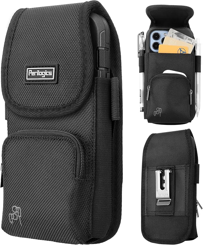 Perilogics Phone Holster with Magnetic Cover, Belt Clip Pouch Fits iPhone 17 Pro Max, 16 Pro Max, 16 Plus and Other Pro Max/Plus Models with Case Installed, with Zipper Storage & Card Pocket-StrideForce Fitness