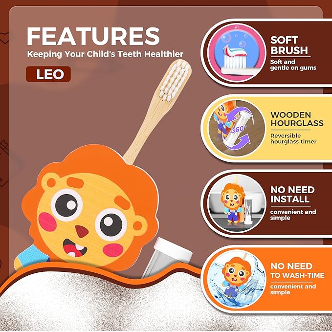 Arielo Lion Toothbrush Holder - Kids Toothbrush with Timer - Autism & Sensory Kids (Leo)
