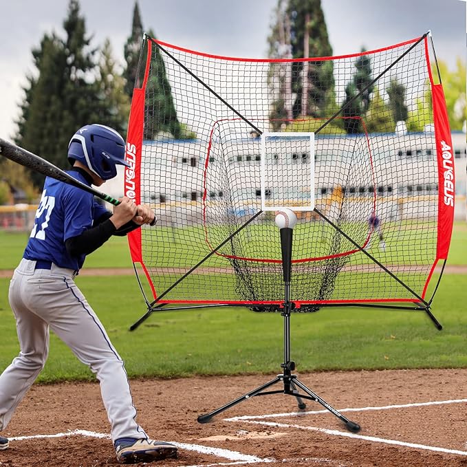 7'X7' Baseball Softball Practice Net,Pitching Net,Batting Net,with Baseball Tee,Bonus Strike Zone and Bow Frame,for Hitting,Pitching, Catching-StrideForce Fitness