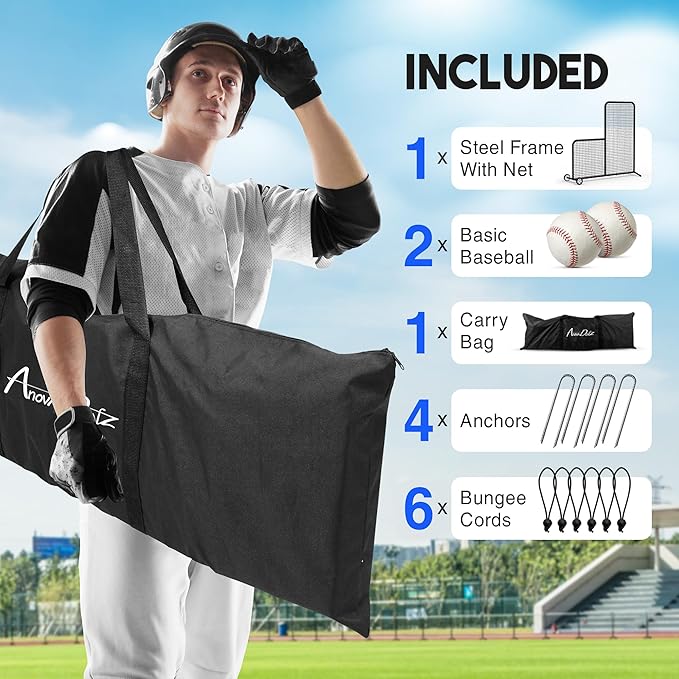 Yes4All Portable L-Screen Baseball 7x7ft with 2 Baseballs, Rubber Wheels - L Screen Baseball for Batting Cage, Protective Pitching Screen Net Double Layers, Carry Bag Included-StrideForce Fitness