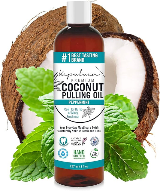 Kapuluan Coconut Oil Pulling for Teeth and Gums Mouthwash, 100% Pure and Natural, Non-GMO, Ayurvedic – Peppermint Pulling Oil