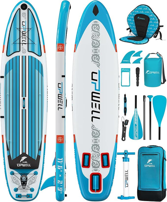 UPWELL 11’6”/11'2”/11'/10'8”/10'6”/10'2” Inflatable Stand Up Paddle Board with sup Accessories Including Backpack, Repairing Kits, Non-Slip Deck, Leash, 3 Fins, Paddle and Hand Pump-StrideForce Fitness