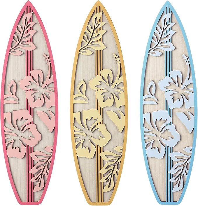 RattanView 3 Pieces Hibiscus Surfboard Decor for Bedroom Wooden Beach Wall Decor Summer Wood Surfboard Wall Hanging Sign for Tropical Living Room Decoration(Yellow, Blue, Pink)-StrideForce Fitness