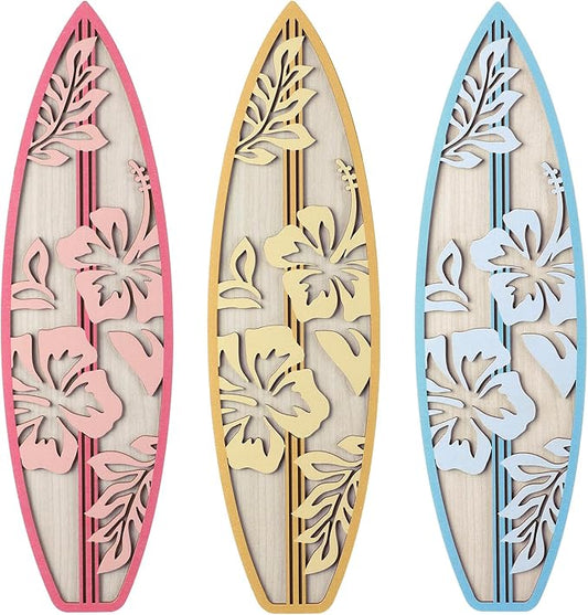 RattanView 3 Pieces Hibiscus Surfboard Decor for Bedroom Wooden Beach Wall Decor Summer Wood Surfboard Wall Hanging Sign for Tropical Living Room Decoration(Yellow, Blue, Pink)-StrideForce Fitness