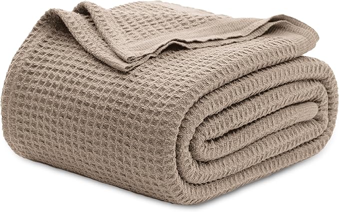 Bedsure 100% Cotton Blanket Queen Size for Bed - Breathable and Soft, Waffle Weave Blanket for Summer, Thick Cozy Fall Blankets for Women Gift, Taupe, 90x90 Inches-StrideForce Fitness