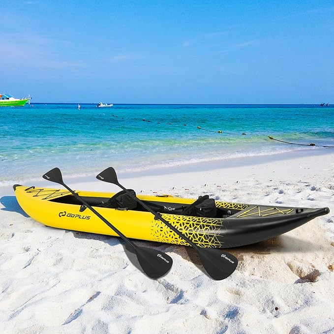 Goplus Inflatable Kayak, 2-Person Kayak Set for Adults with 507 LBS Weight Capacity, 2 Aluminium Oars, EVA Padded Seat, 2 Fins, Hand Pump, Carry Bag, Repair Kit, Portable Touring Kayaks-StrideForce Fitness