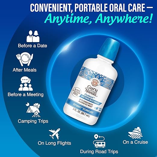 GuruNanda Oxyburst Teeth Whitening Mouthwash – Alcohol & Fluoride Free, with Hydrogen Peroxide & 7 Essential Oils, for On-The-Go Freshness, TSA Friendly, Wild Mint, 3 fl oz