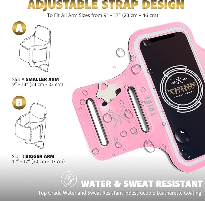TRIBE Water Resistant Cell Phone Armband Case Running Holder for iPhone Pro Max Plus Mini SE (13/12/11/X/XS/XR/8/7/6/5) Galaxy S Ultra Plus Edge Note (21/20/10/9/8/7/6/5) Adjustable Strap & Key Pocket-StrideForce Fitness