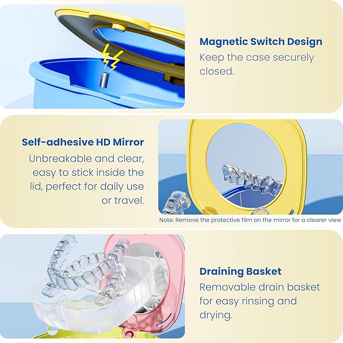 Retainer Case with Mirror and Vent Holes, Cute Slim Aligner Case Compatible with Invisalign, Magnetic Closure Orthodontic Case for Retainers and Mouth Guards (Yellow & Royal Blue)