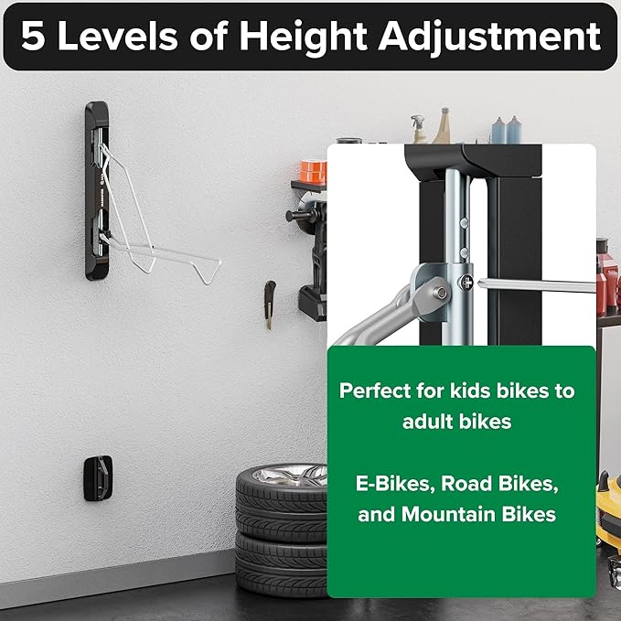 Bicycle Rack for Garage and Indoor Use, Adjustable, Foldable Bike Rack Set of 2 - Wall Mount for Road, Hybrid, Small Mountain, BMX Bikes - Secure and Space Saving Bike Storage (2 Pack)-StrideForce Fitness