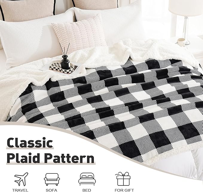 PU MEI Sherpa Fleece Throw Blanket 60" x 80" Reversible Plush Fluffy Large Big Blanket Lattice Flannel Blankets for All Season Use, Black and White-StrideForce Fitness