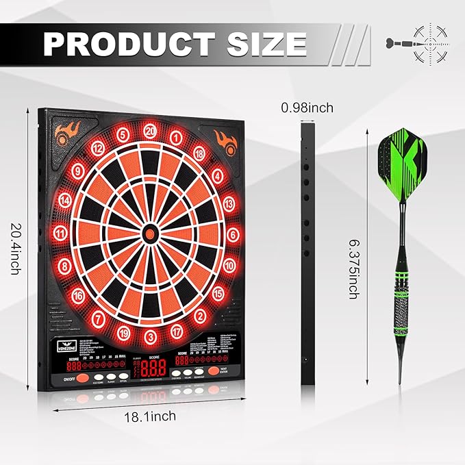 Electronic Dartboard, Electric Dart Boards for Adults,Electronic Scoreboard, Light-Up Led Display, 12 Darts Soft Tip Professional Dart Board and Extra Tips, Up to 8 Players-StrideForce Fitness