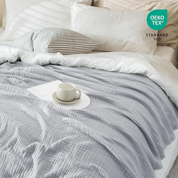 Carriediosa 100% Cotton Muslin Throw Blanket 66" X 90" Twin XL Size，4-Layers Summer Gauze Throws for Bed Couch，Soft Lightweight Breathable Linen Blankets Bedspread for Adults All Season，Grey-StrideForce Fitness
