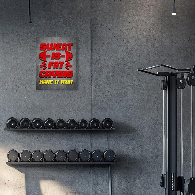 Gym Quotes Wall Art,Inspirational Workout Wall Decor,Sweat is Fat Crying Canvas Wall Art for Home Gym Exercise Fitness Room-StrideForce Fitness