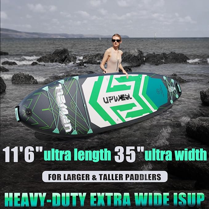 UPWELL 11'6"×35" Extra Wide Inflatable Paddle Board, Stand Up Paddle Board for Youth & Adults, Stable Design, Premium SUP Accessories, 120L Backpack, 10L Dry Bag, Paddle, Leash, Hand Pump, US Fins-StrideForce Fitness