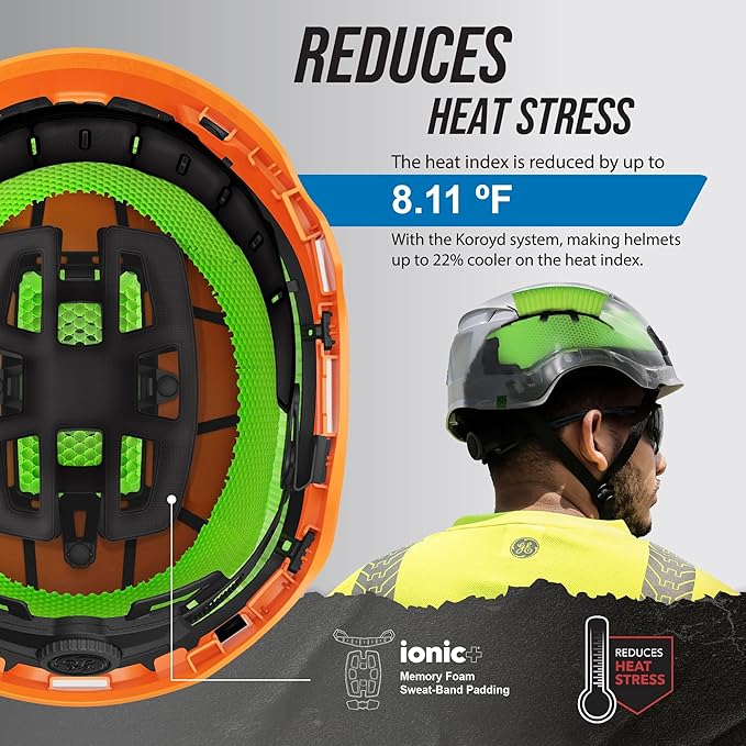 GE Safety Helmet: ANSI Type 2 Class G & E, Advanced Impact Technology, Ultra Comfortable Memory Foam, Heat Stress Reduction, Compatible with Accessories, Adjustable Size OSHA Approved-StrideForce Fitness
