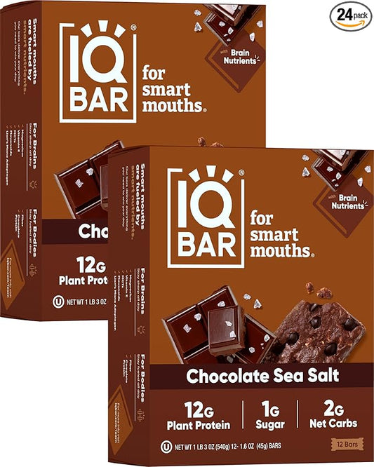 IQBAR Brain and Body Plant Protein Bars - Chocolate Sea Salt - 24-Count Low Carb - Gluten Free, High Fiber, Vegan Snacks - Low Sugar Meal Replacement-StrideForce Fitness