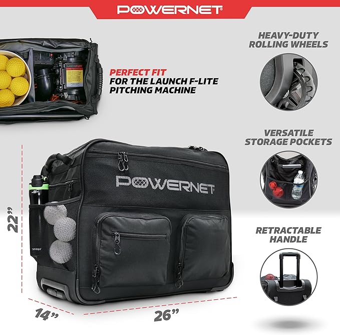 PowerNet Rolling Bucket Bag, Holds 2 6-Gallon Bucket of Baseballs & Softballs, Storage Pockets for Baseball Bat, Gloves & Scoreboards, Fits Launch F-lite Pitching Machine & Balls-StrideForce Fitness