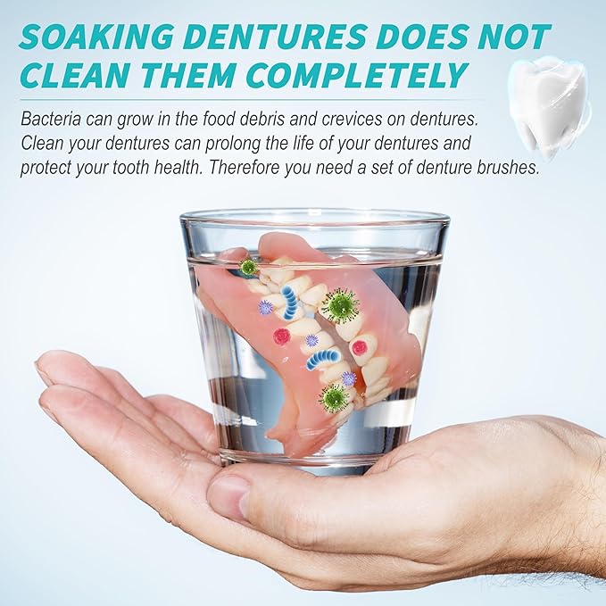 TaShow 6 Pcs Denture Brush Set for False Teeth, Denture Toothbrushes with Double Sided Design, Denture Cleaning Brush with Multi-Layered Soft Bristles and Rubber Anti-Slip Handle, 4 Colors