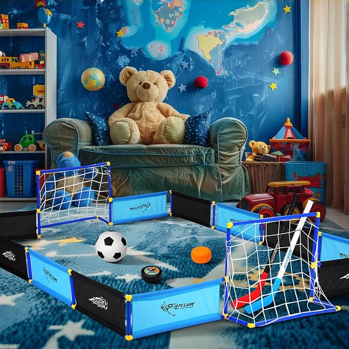 2-in-1 Knee Ice Hockey Set Rink Soccer Ball Indoor Mini Goals Set Include 2 Knee Hockey Sticks, 2 Goals, 12 Side Panels and an Inflatable Soccer Ball-StrideForce Fitness