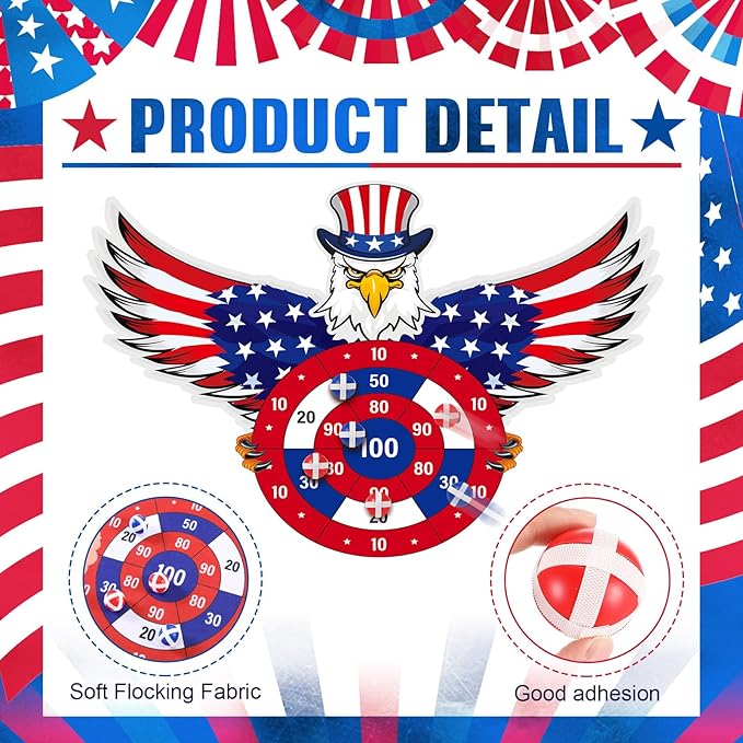 4th of July Games Set Patriotic Dart Board Games with 6 Sticky Balls Independence American Day Party Favor for Red White and Blue Party Throwing Indoor Outdoor Yard(Eagle)-StrideForce Fitness