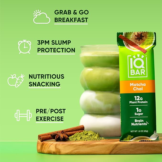 IQBAR Brain and Body Plant Protein Bars - Matcha Chai - 36-Count Low Carb - Gluten Free, High Fiber, Vegan Snacks - Low Sugar Meal Replacement-StrideForce Fitness