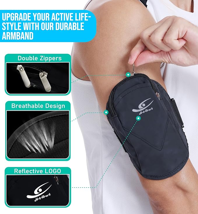 HiRui Universal Comfort Armband Phone Holder Running Armband Adjustable Wristband Phone Holder for Exercise Workout Compatible with iPhone 16/15/14/13/Plus/Pro Samsung Galaxy All Phones (Black)-StrideForce Fitness