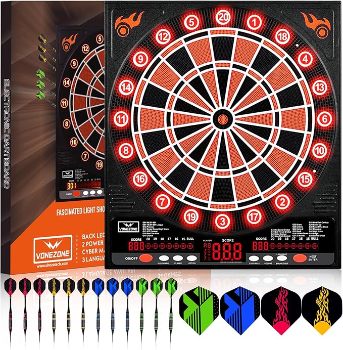 Electronic Dartboard, Electric Dart Boards for Adults,Electronic Scoreboard, Light-Up Led Display, 12 Darts Soft Tip Professional Dart Board and Extra Tips, Up to 8 Players-StrideForce Fitness