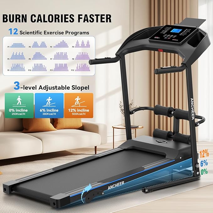 ANCHEER Foldable Treadmill with Sit Up Bench, 2025 Upgrade 3.5HP Portable Treadmills for Home with Incline 350 lbs Capacity, Smart LCD Display Body Fat& Heart Rate, Multifunction Exercise Equipment-StrideForce Fitness