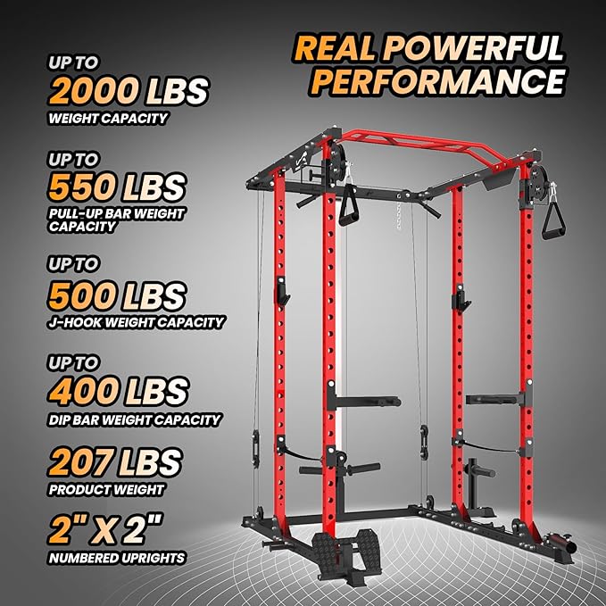 GaveeLife Power Cage, 2000 LBS Power Rack with Cable Cross-Over System, Multi-Functional Strength Training Squat Rack with LAT Pull Down System, Home Gym Equipment with Training Attachment, Red-StrideForce Fitness