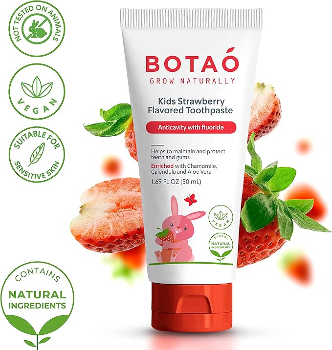 Kids Natural Strawberry Flavored Anticavity Fluoride Toothpaste Maximum Cavity Protection Cleans Children’s Teeth Protects Gums Chamomile Aloe Vera Calendula Xylitol for Ages 2 and Up