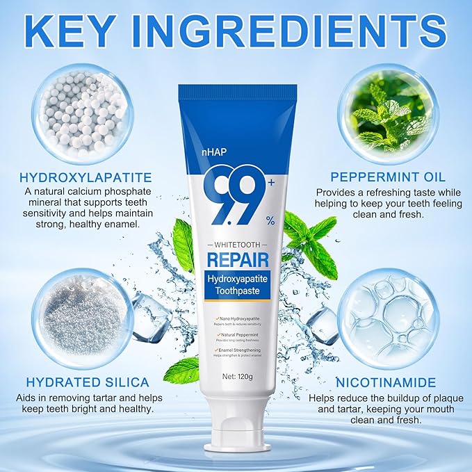 Hydroxyapatite Toothpaste, Enamel Repair & Cavity Prevention - Fresh Mint Flavor, Fluoride-Free, Whitening, Fresh Breath for Daily Use 1Pack