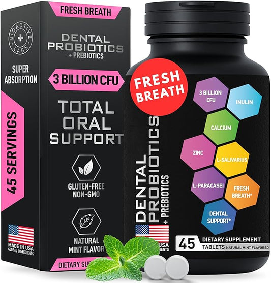 Dental Probiotics for Teeth and Gums - Best Lactobacillus Salivarius Tablets Fight Chronic Bad Breath & Restore Good Bacteria- Oral Probiotic Prebiotic Advanced Treatment for Mouth Health - 45 Tablets