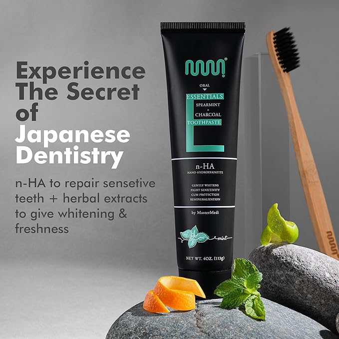 MasterMedi Nano Hydroxyapatite Toothpaste (Inspired by 10% nHA Formulas), Fluoride-Free, Charcoal Whitening, Sensitive Teeth Care, Enamel Support, SLS-Free, Xylitol, Citrus Mint, 4 Oz (Pack of 2)