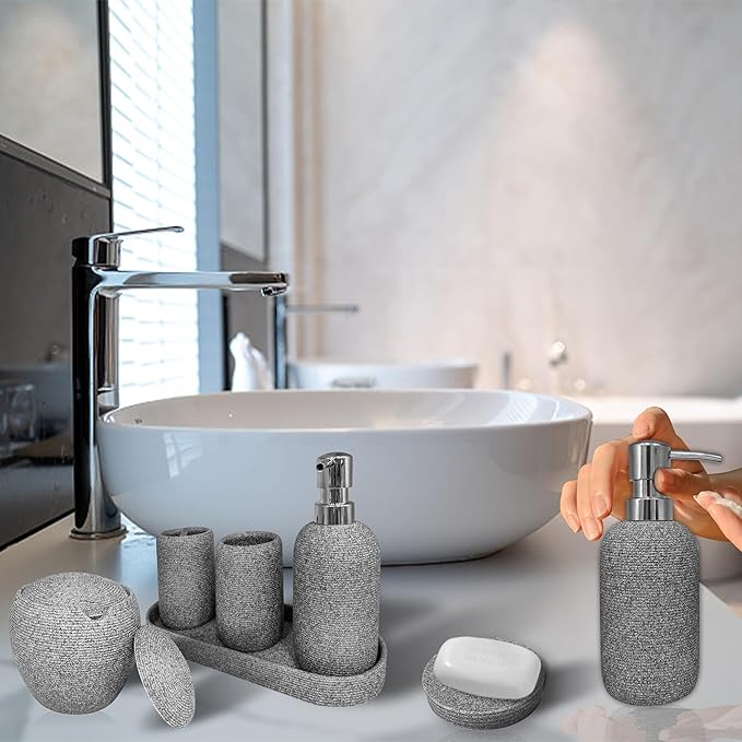 Bathroom Accessory Set, 6PCS Gray Bathroom Accessories - Soap Dish, Lotion Dispenser, Toothbrush Holder, Mouthwash Cup, Tray, Cotton Ball Jar, Aesthetic Decor Bathroom Sets