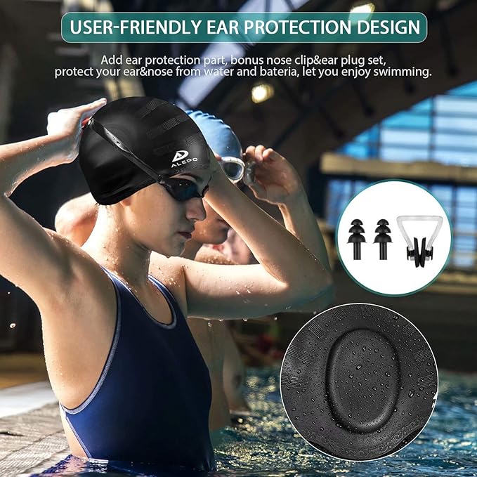 2 Pack Unisex Swim Caps with 3D Ear Protection, Durable Flexible Silicone Swimming Hats for Women Men Kids Adults, Bathing Swimming Caps for Short/Long Hair with Ear Plugs&Nose Clip-StrideForce Fitness