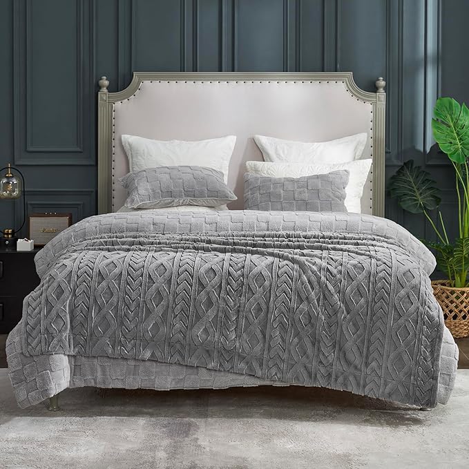 Cozy Bliss Faux Fur Throw Blanket for Couch, Jacquard Fuzzy Plush Soft Thick Winter Throw Blanket for Sofa Bed Living Room Bedroom，60"x80" Grey-StrideForce Fitness