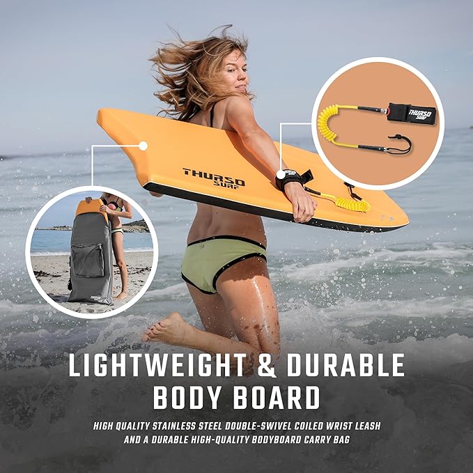 THURSO SURF 42'' Body Boards for Beach Pool Lightweight PE Core IXPE Deck HDPE Bottom FRP Stringers High Performance Body Board with Double Swivel Surf Leash and Bodyboard Bag Lightning-StrideForce Fitness