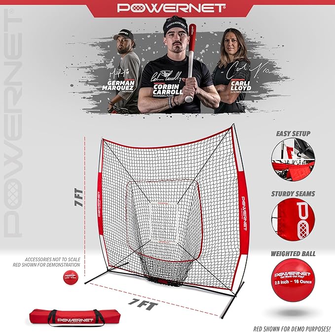 PowerNet Baseball Softball Practice Net 7x7 with Baseball Accessories for Practice Pitching, Batting & Fielding, Ball Caddy, Weighted Baseballs, Tee-StrideForce Fitness