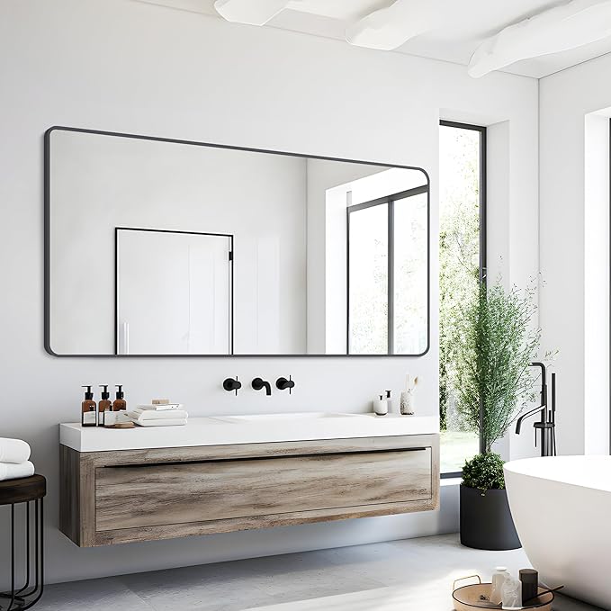 30" x 55"Bathroom Mirror, Matte Black Wall Mirror with Metal Frame, Decorative Rectangular Vanity Mirror for Bedroom Bathroom Living Room Entryway (Horizontal/Vertical)-StrideForce Fitness